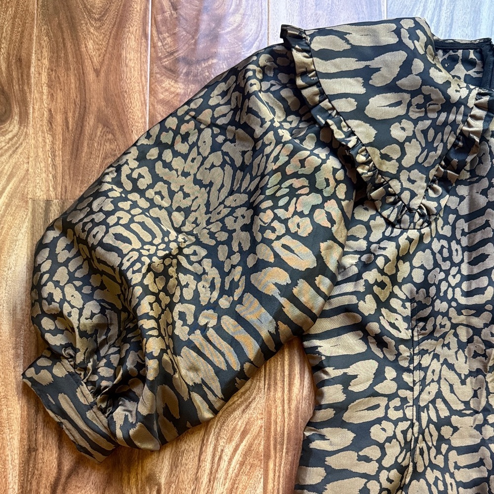 Ganni Black Golden Brown Jacquard Animal Print Collared Puff Sleeve Dress 6 - Picture 5 of 10
